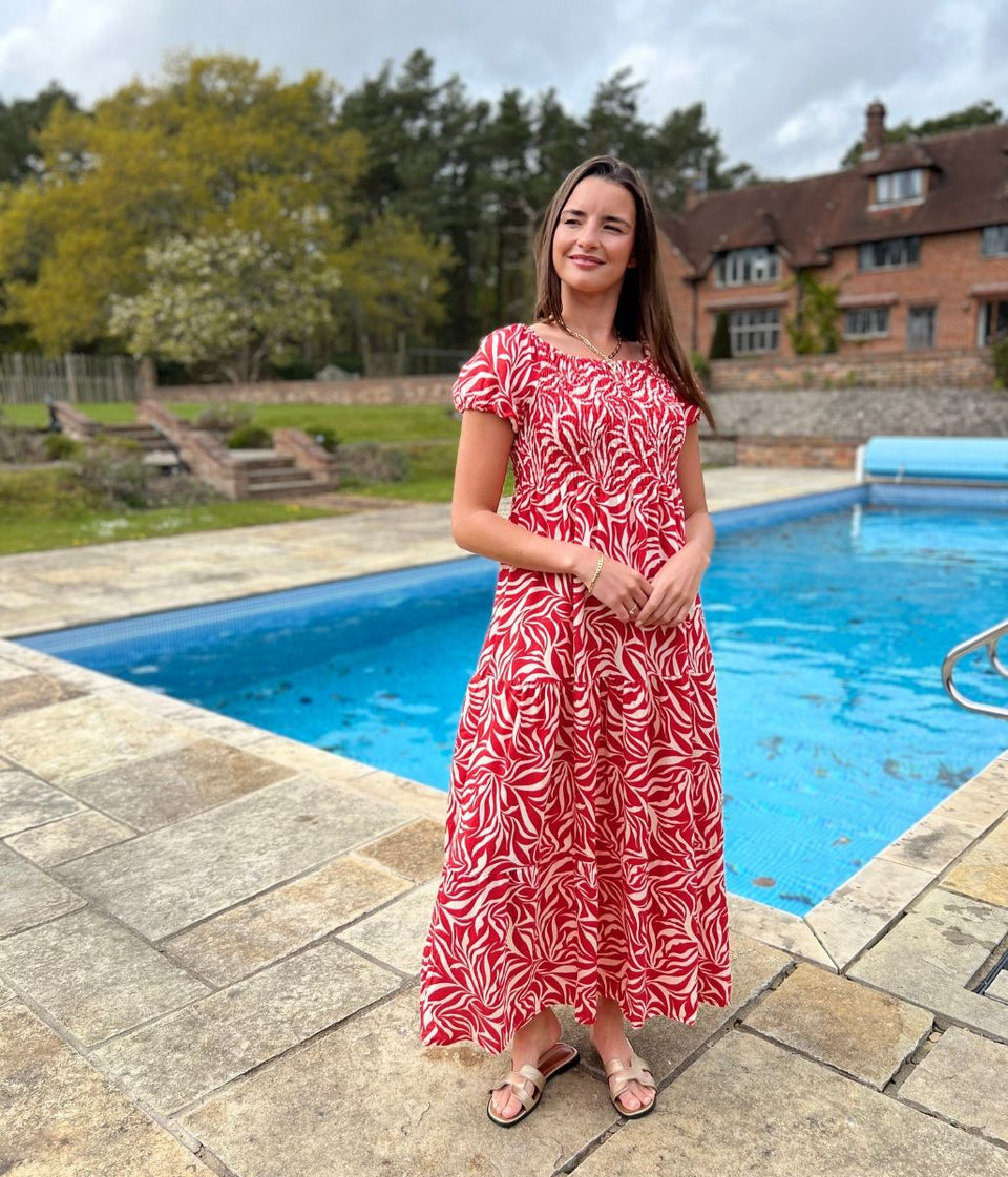 Red Phoebe Leaf Print Shirred Dress