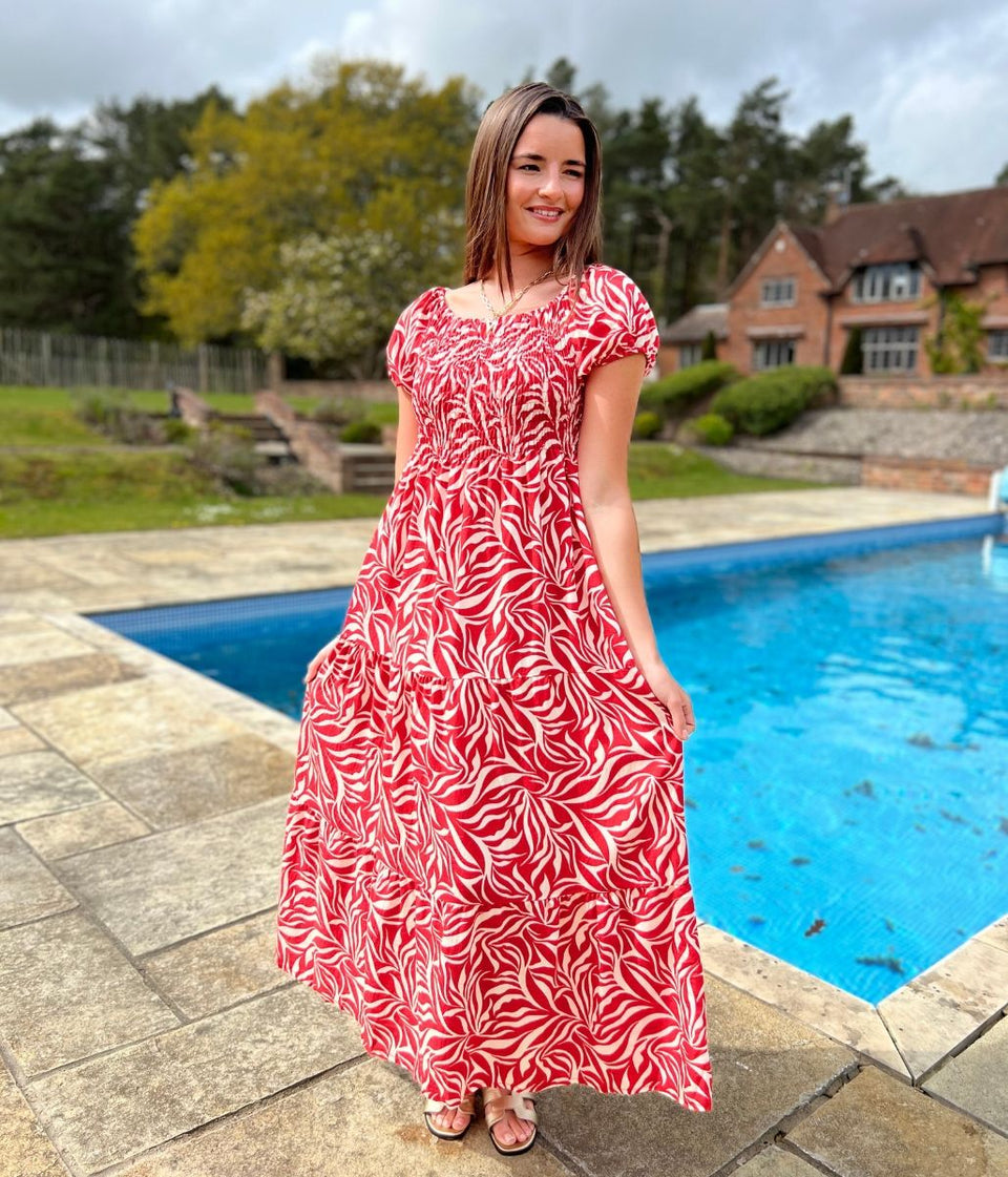 Red Phoebe Leaf Print Shirred Dress