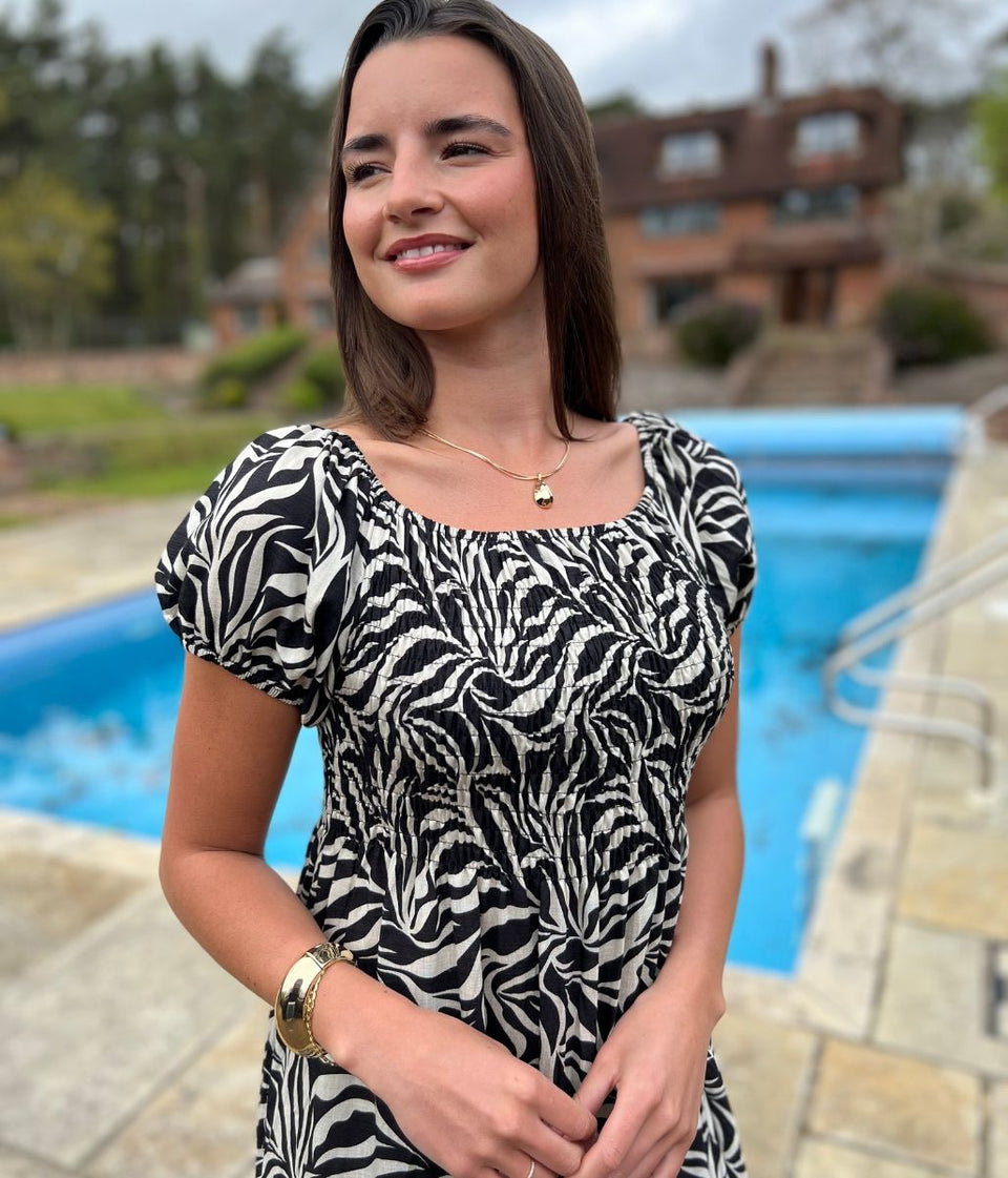 Black Phoebe Leaf Print Shirred Dress