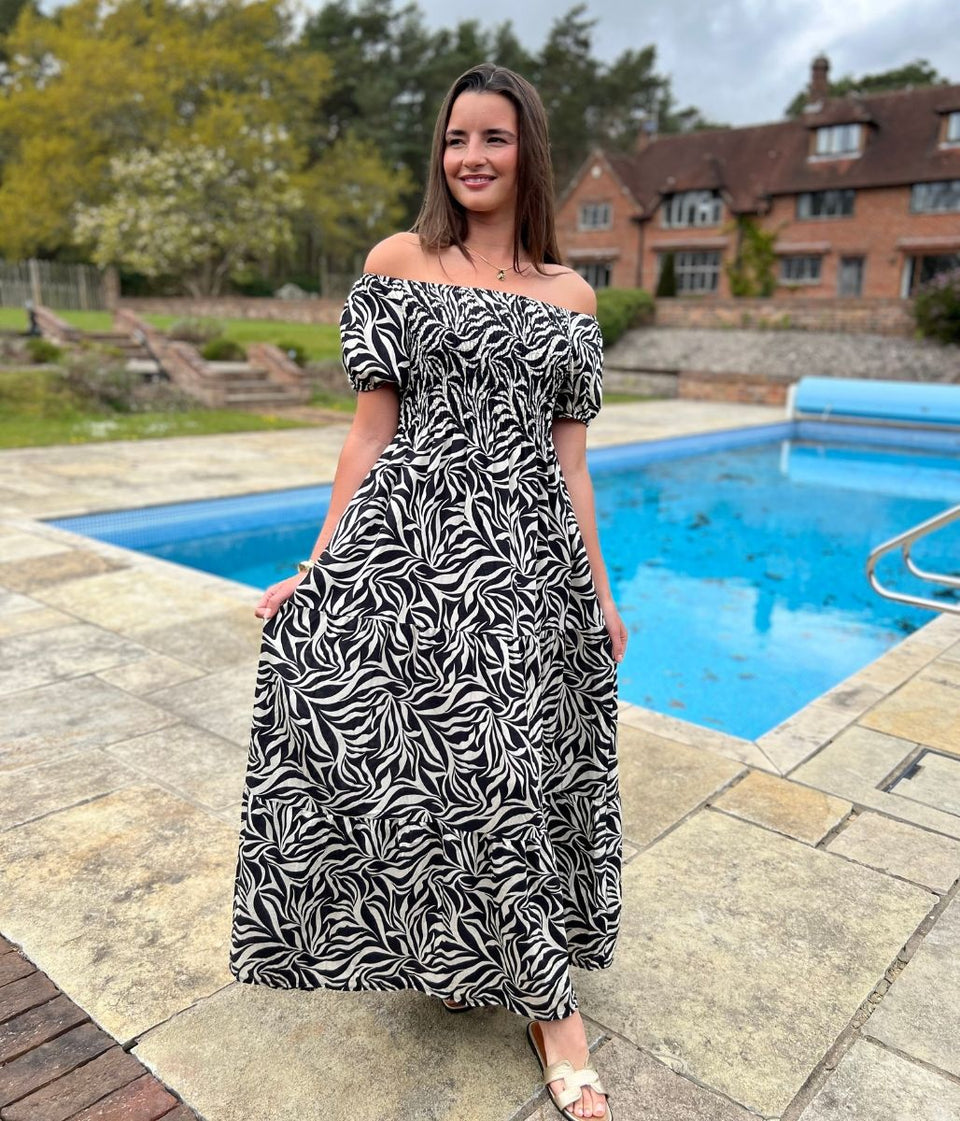 Black Phoebe Leaf Print Shirred Dress