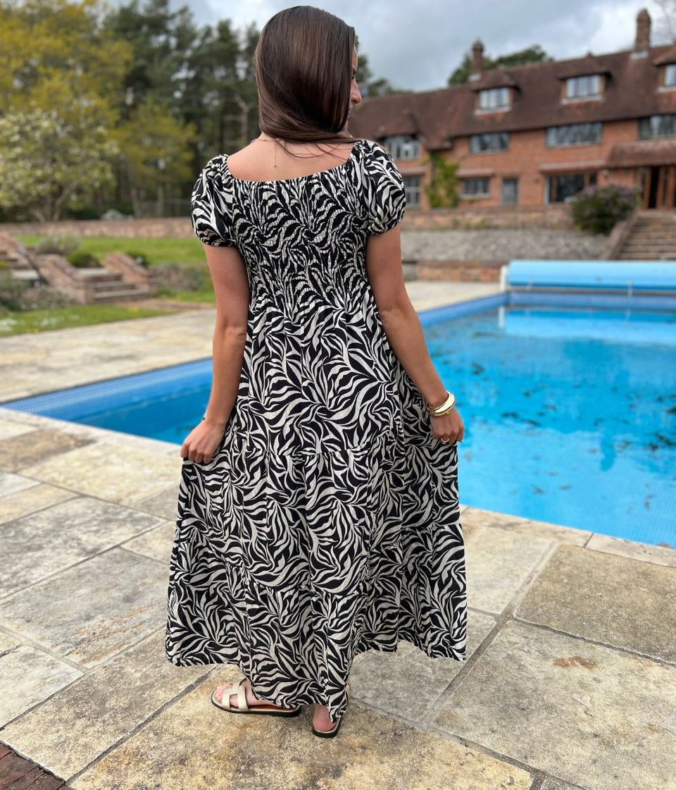 Black Phoebe Leaf Print Shirred Dress