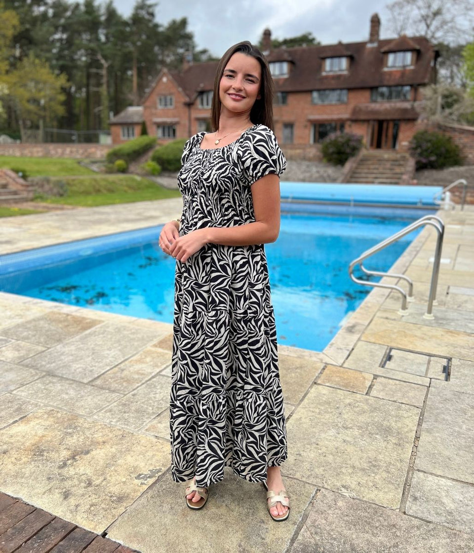 Black Phoebe Leaf Print Shirred Dress