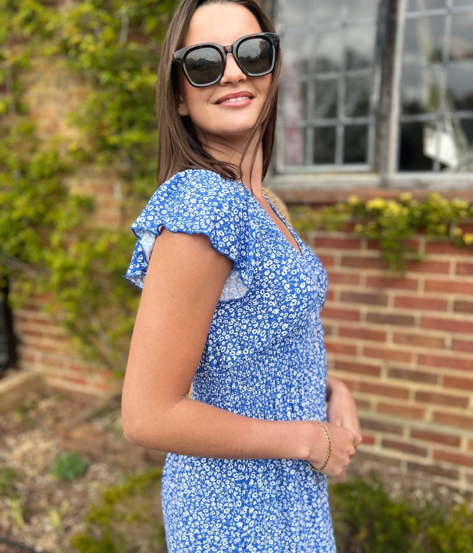 Blue Clara Ditsy Print Midi Dress