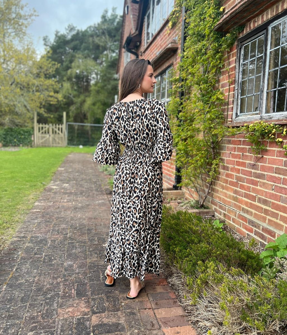 Animal Print Shirred Waist Midaxi Dress