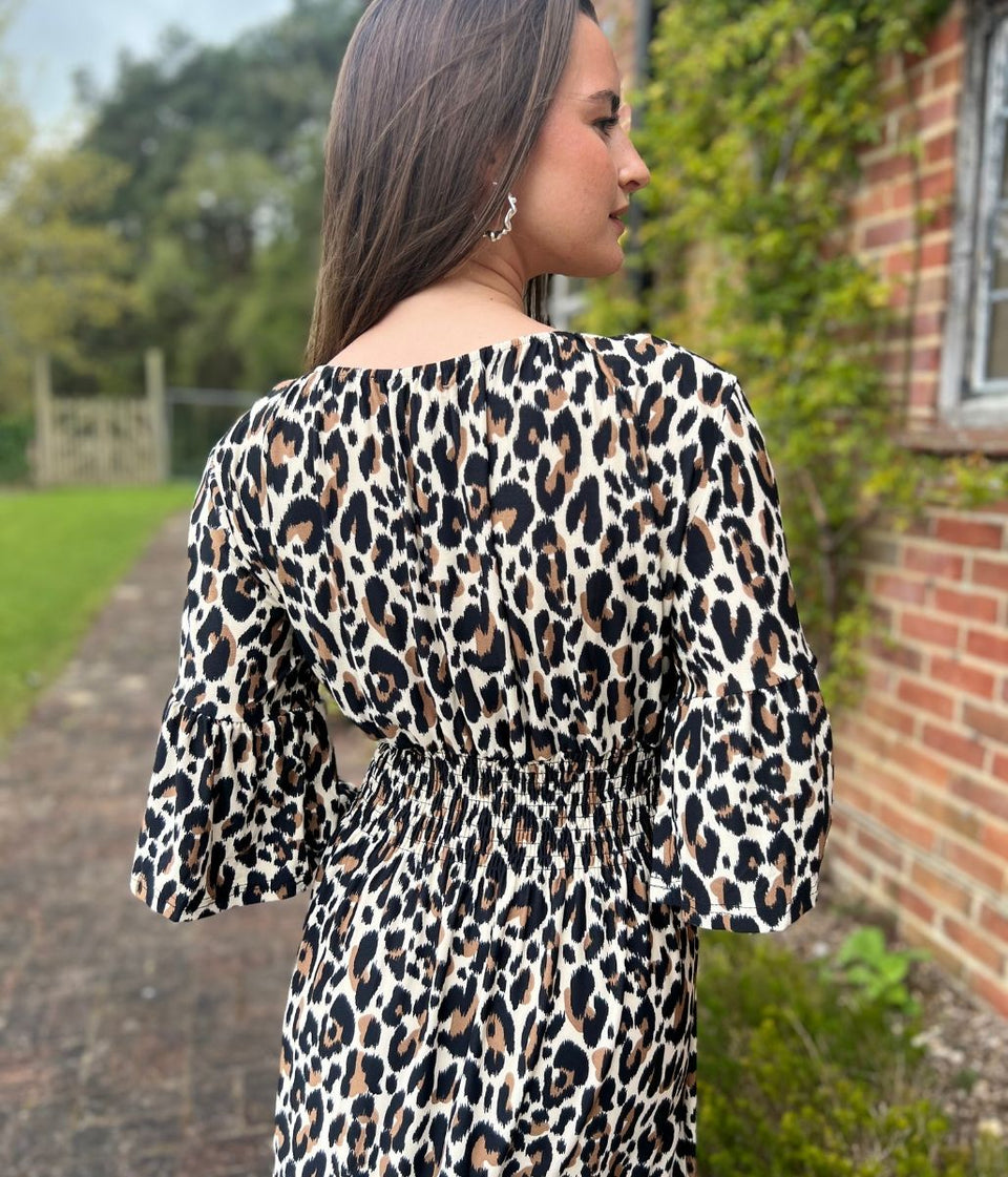 Animal Print Shirred Waist Midaxi Dress