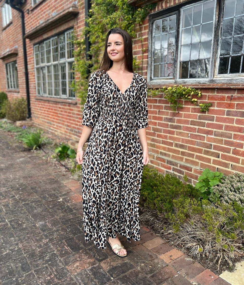 Animal Print Shirred Waist Midaxi Dress