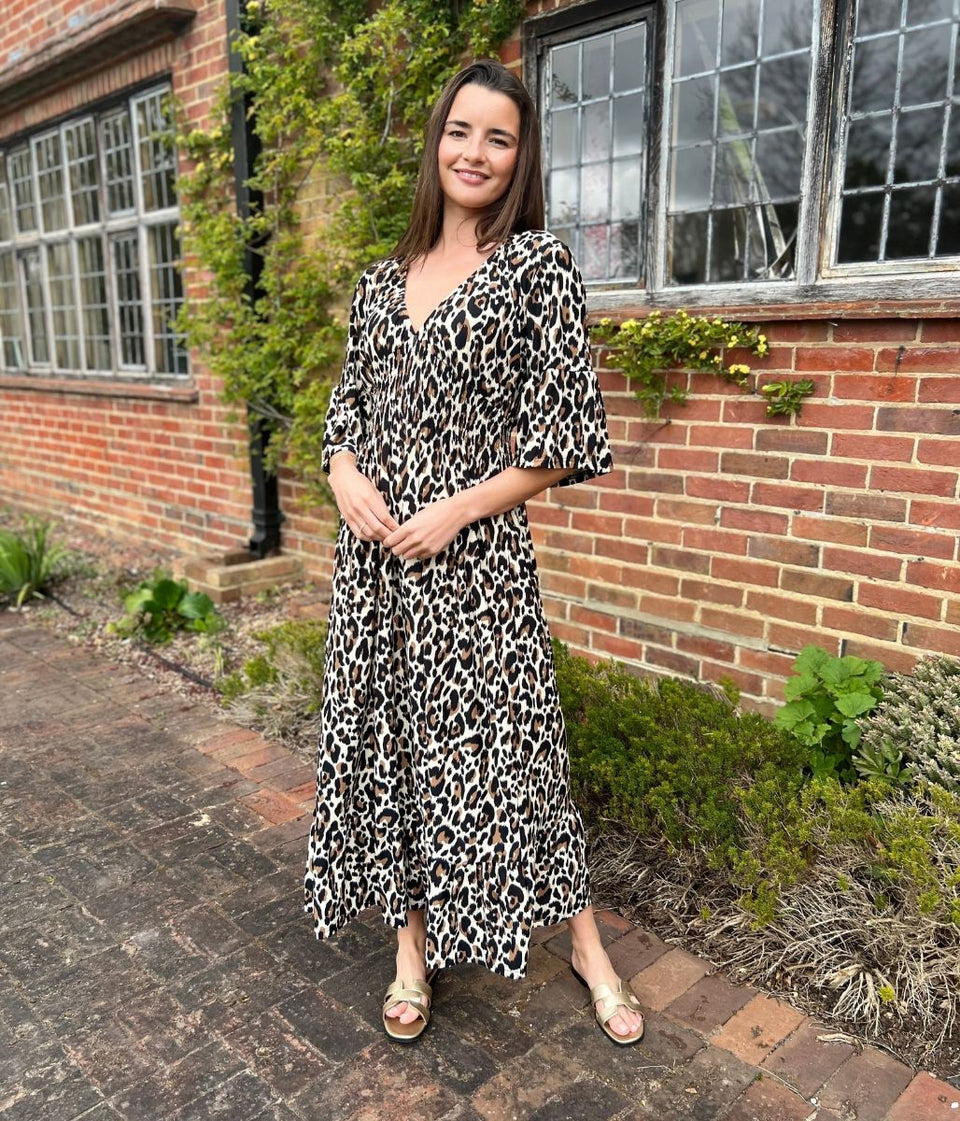 Animal Print Shirred Waist Midaxi Dress