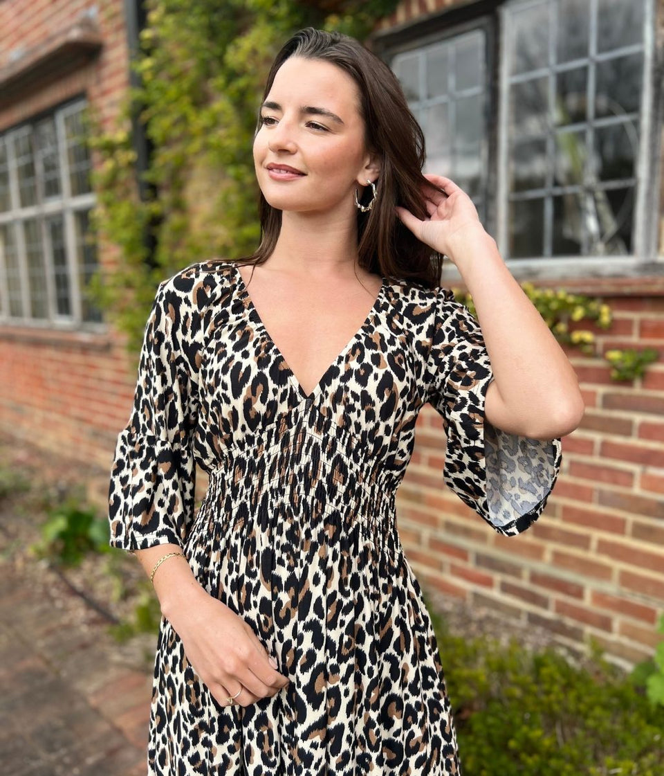 Animal Print Shirred Waist Midaxi Dress