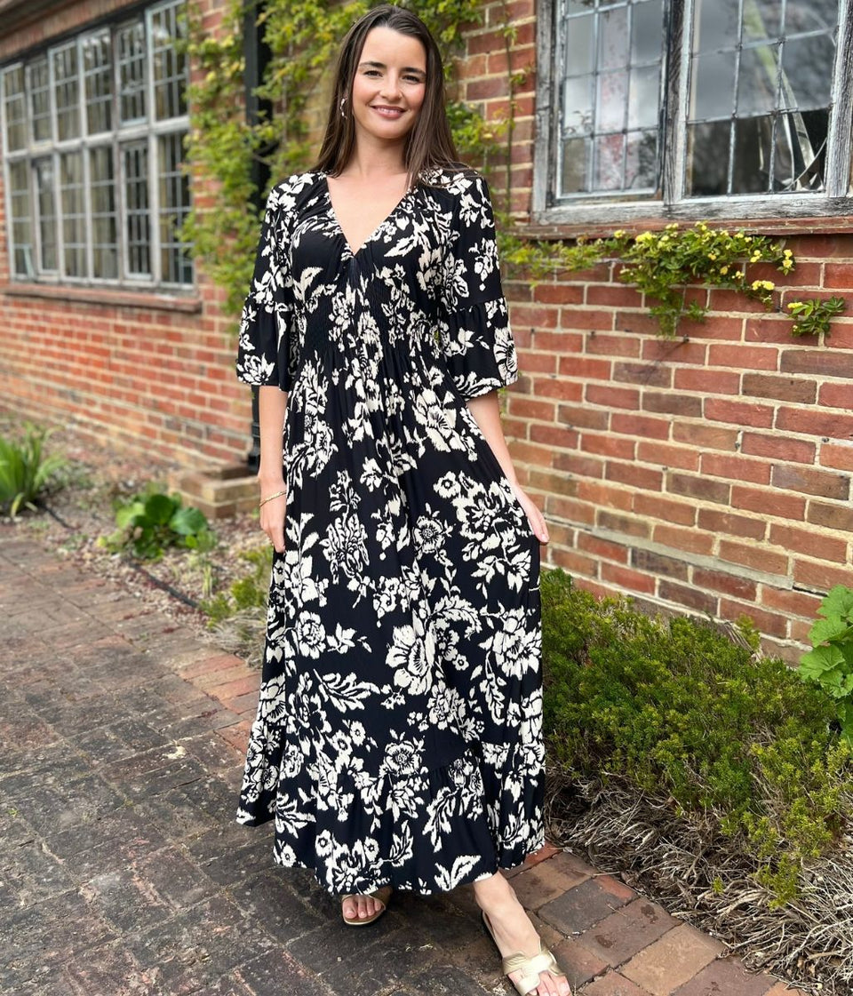 Black Print Shirred Waist Midaxi Dress