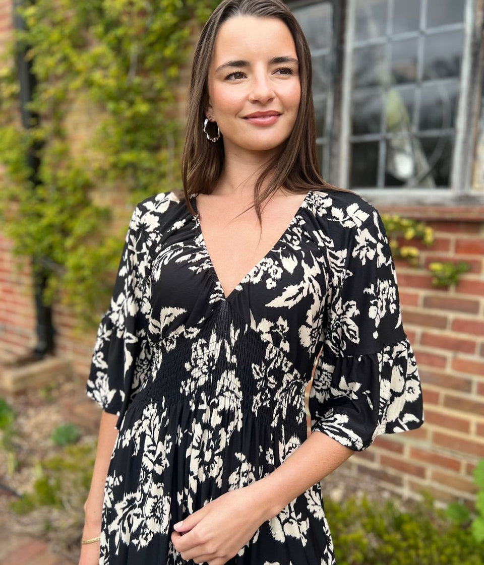 Black Print Shirred Waist Midaxi Dress