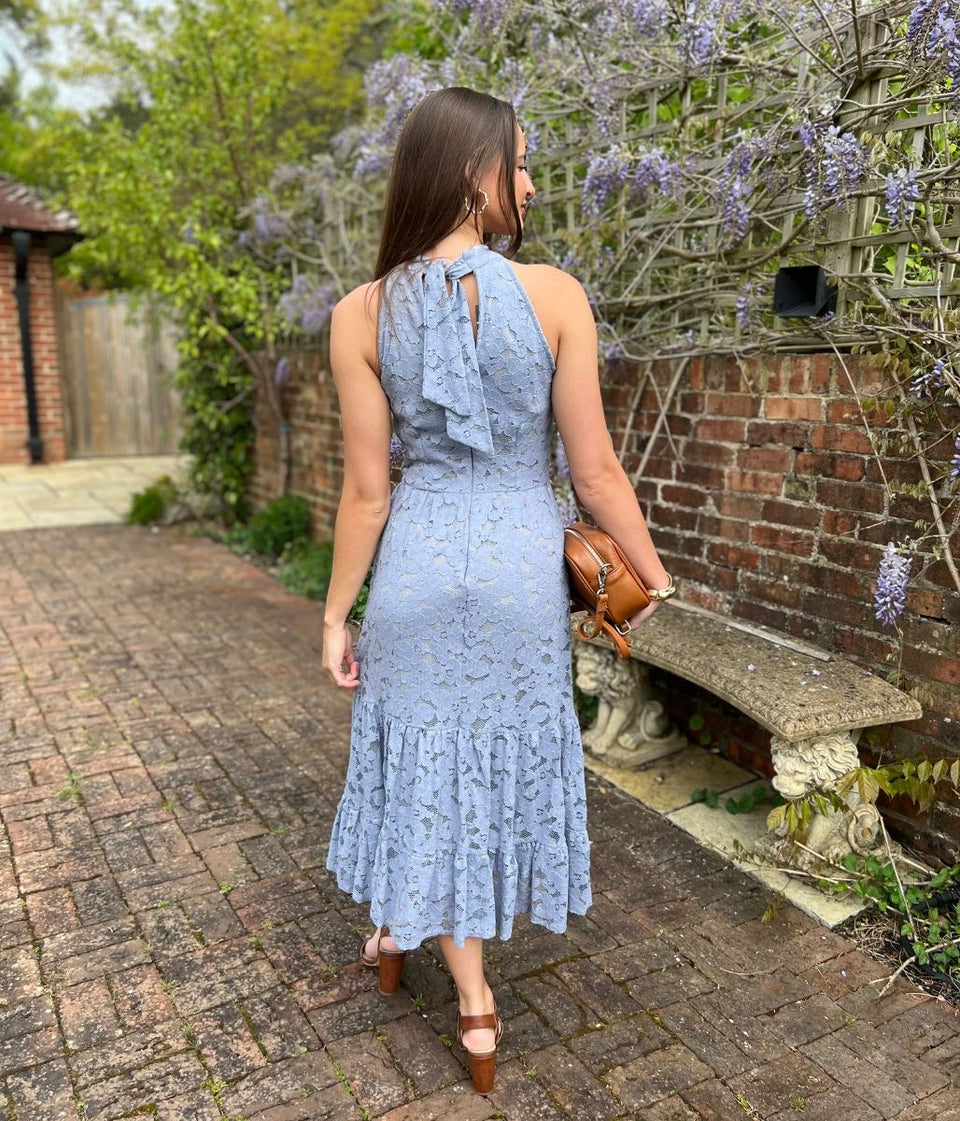 Pale Blue Lace Halter Neck Dress