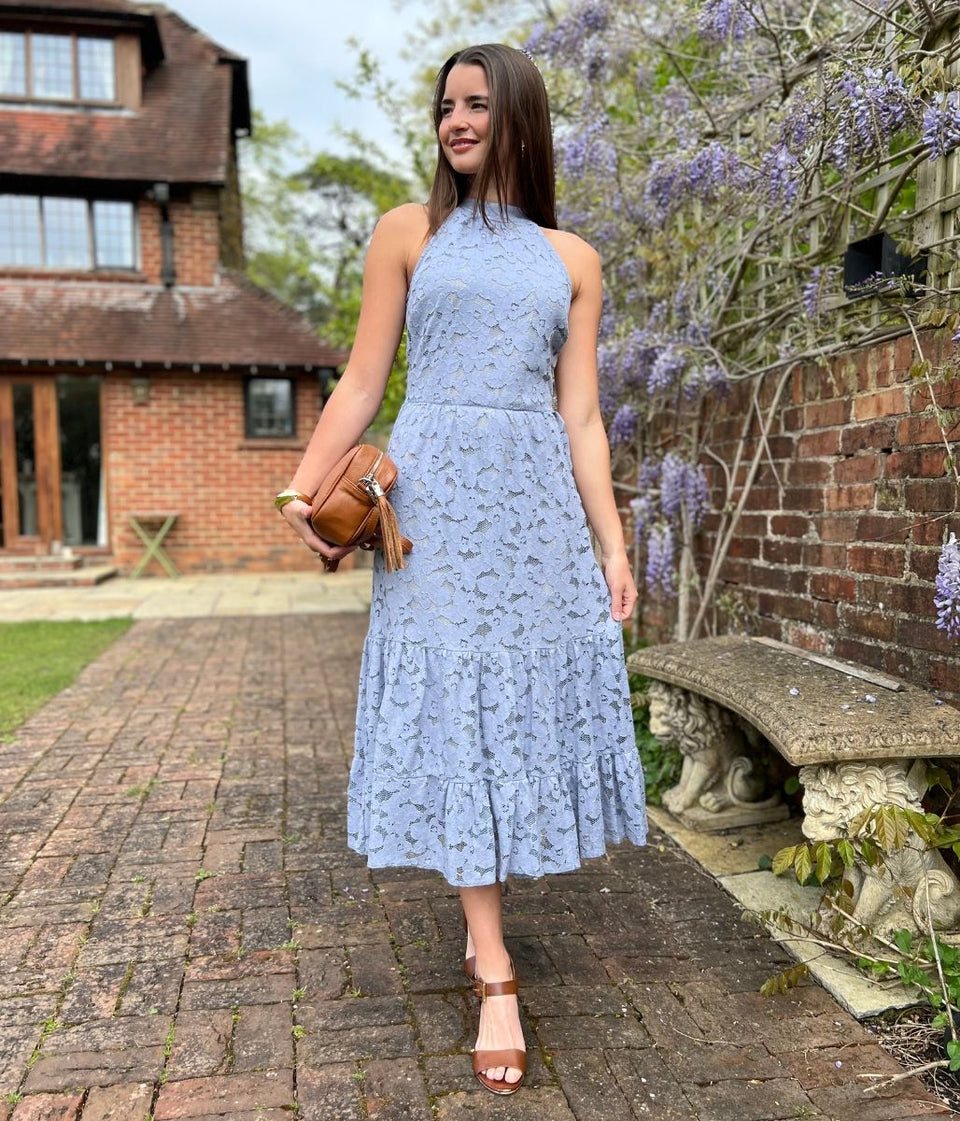 Pale Blue Lace Halter Neck Dress