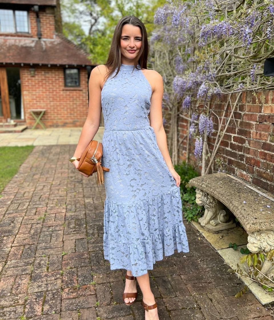 Pale Blue Lace Halter Neck Dress