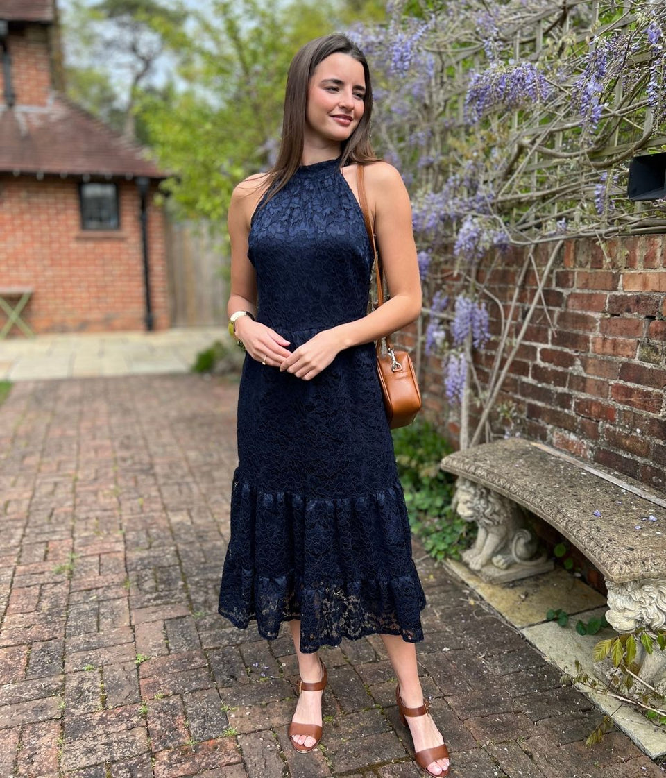Navy Lace Halter Neck Dress