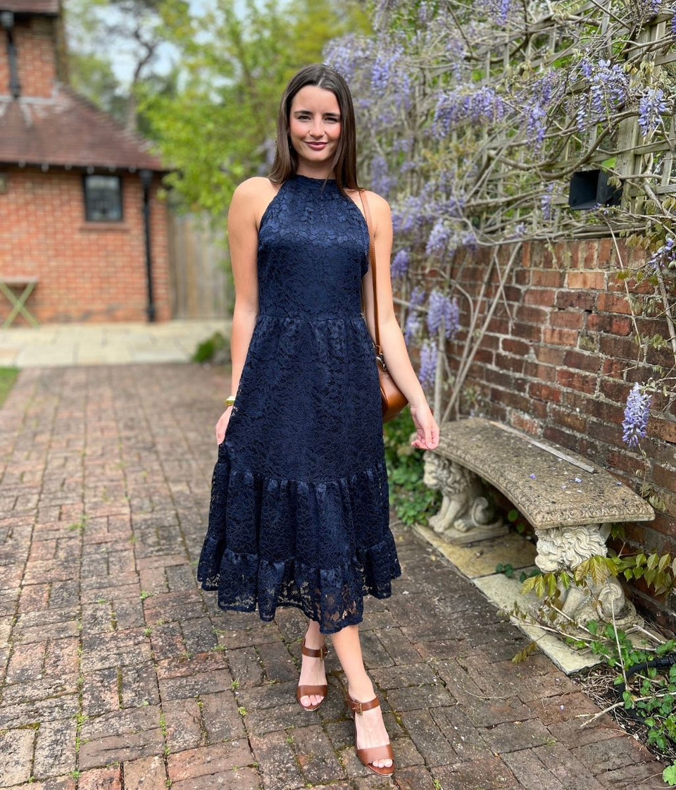 Navy Lace Halter Neck Dress