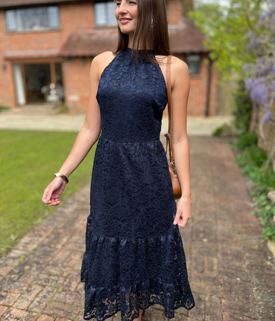 Navy Lace Halter Neck Dress