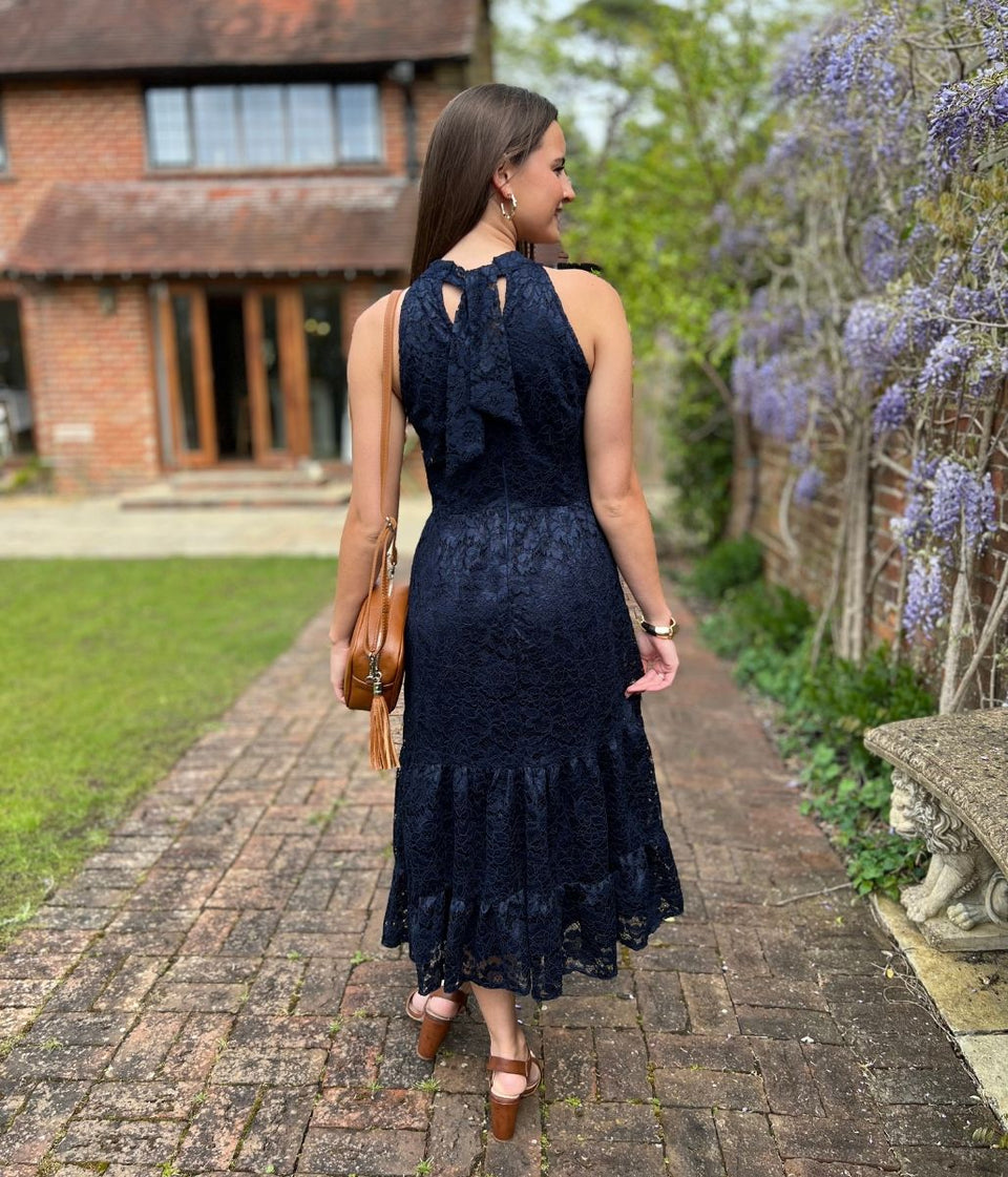 Navy Lace Halter Neck Dress