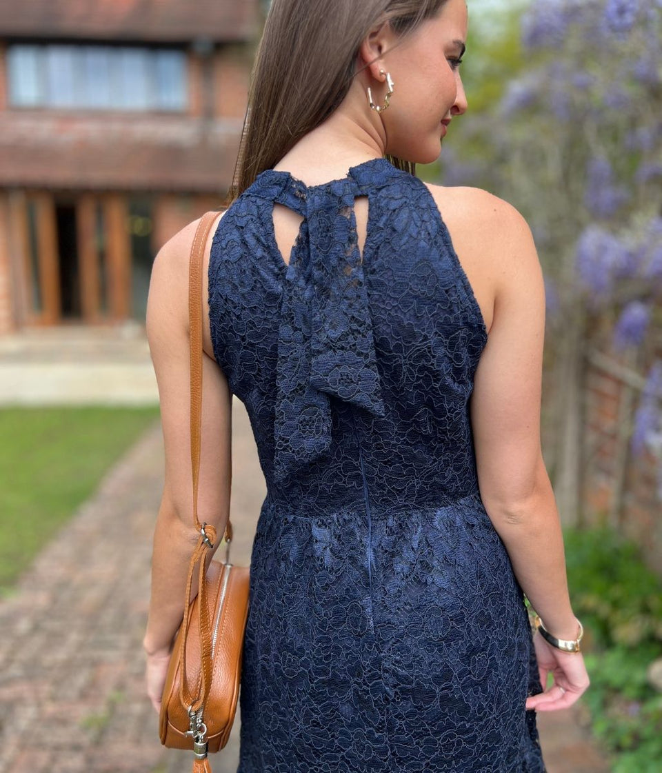 Navy Lace Halter Neck Dress