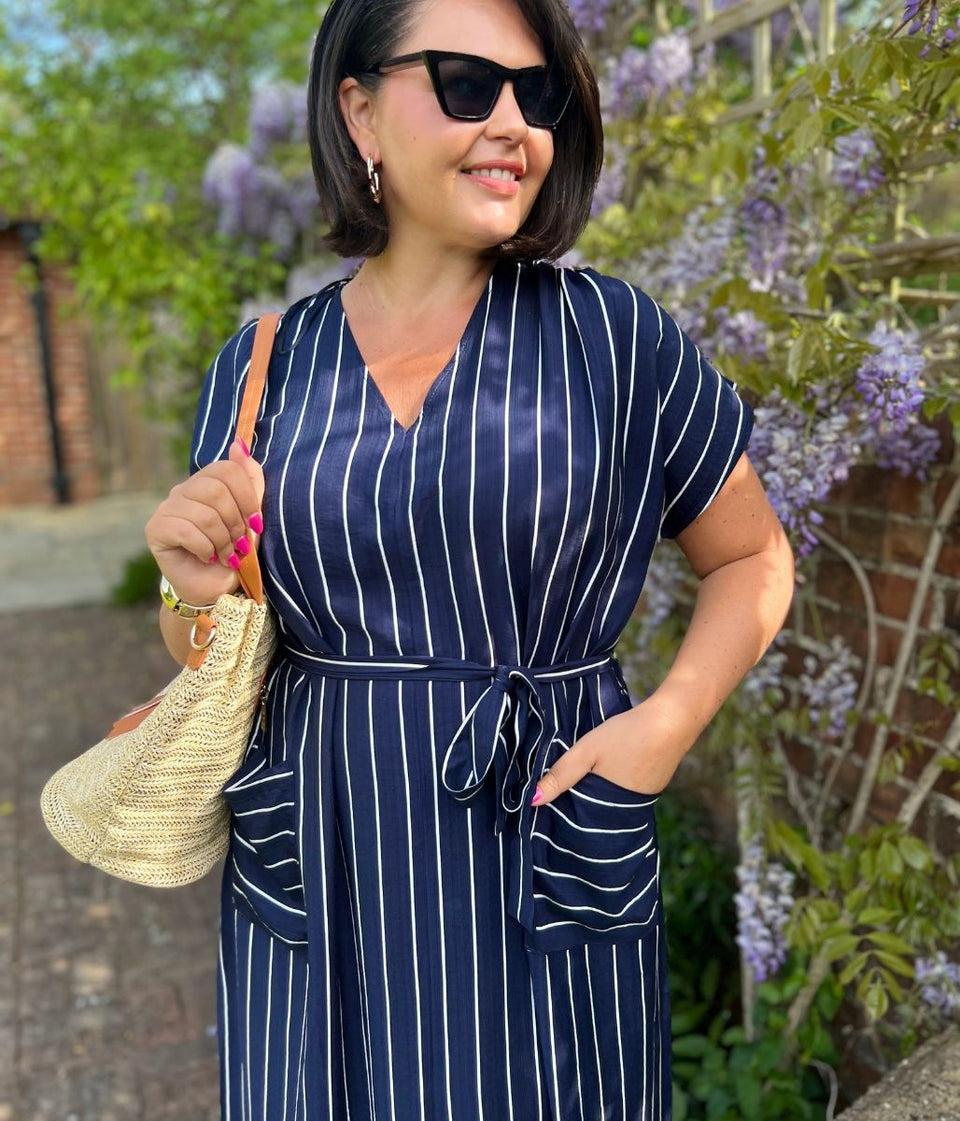 Navy Striped Midi Summer Dress
