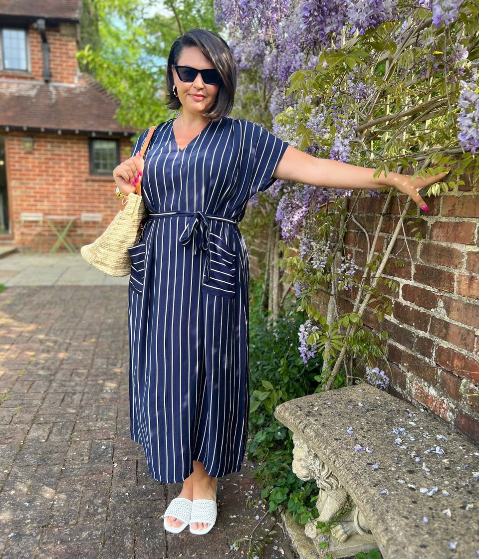 Navy Striped Midi Summer Dress