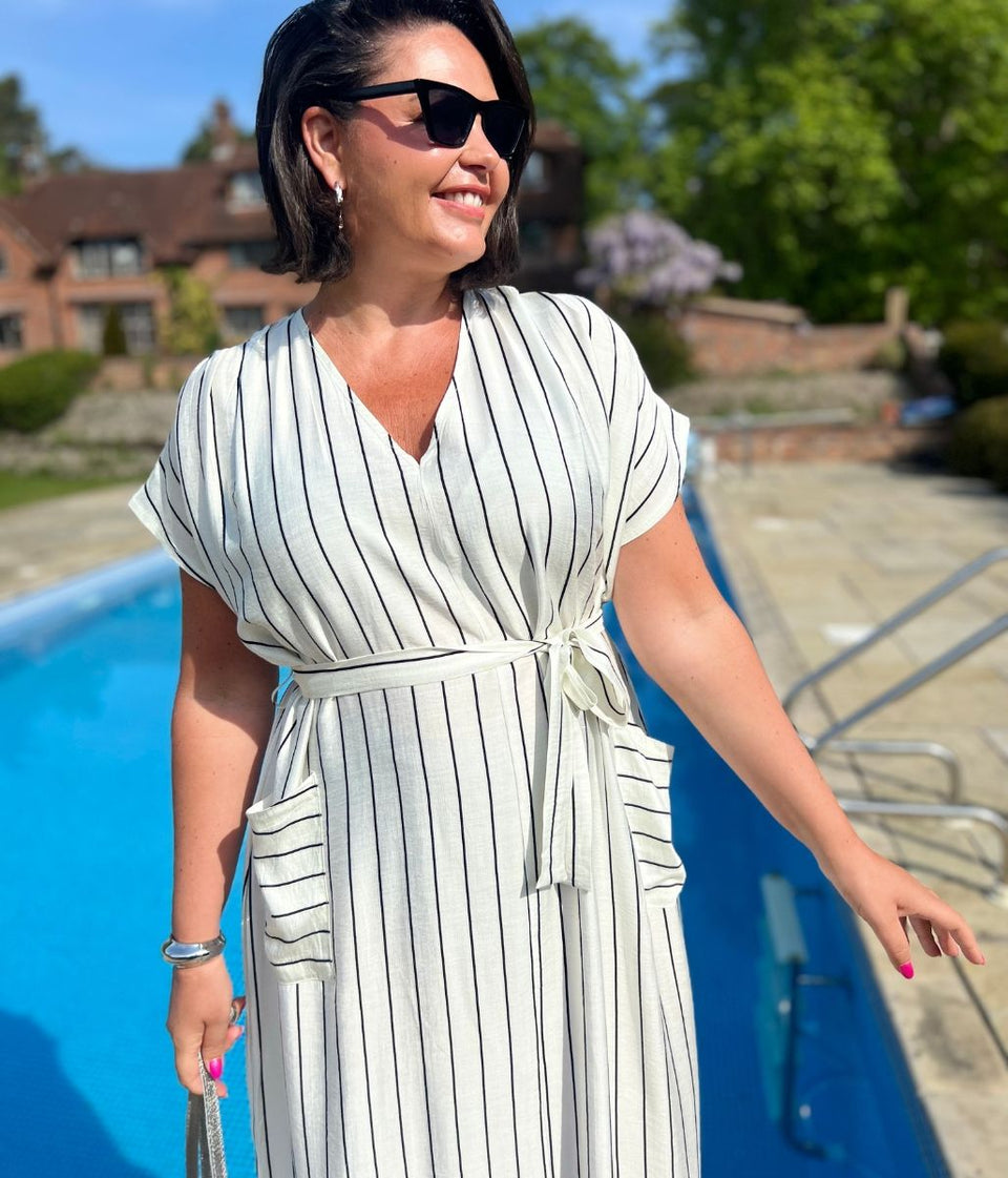 Ivory Striped Midi Summer Dress