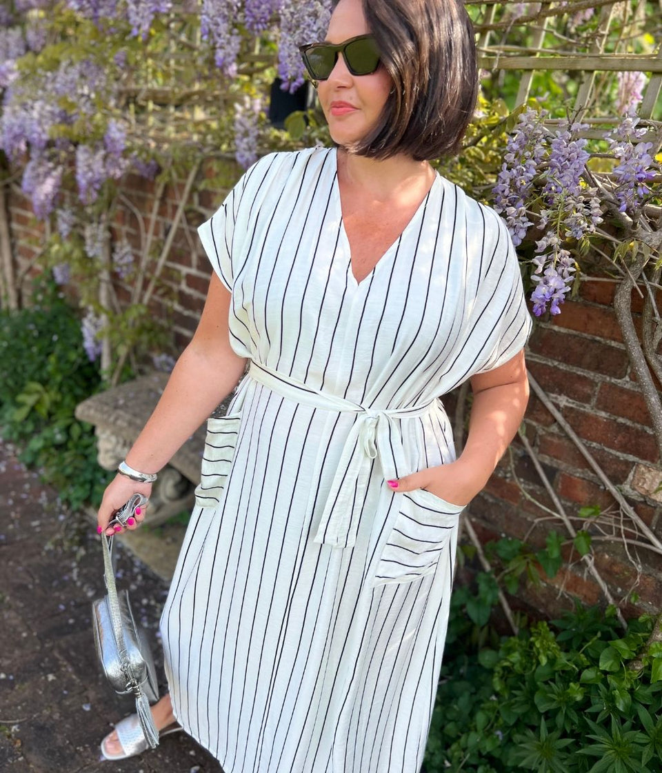 Ivory Striped Midi Summer Dress