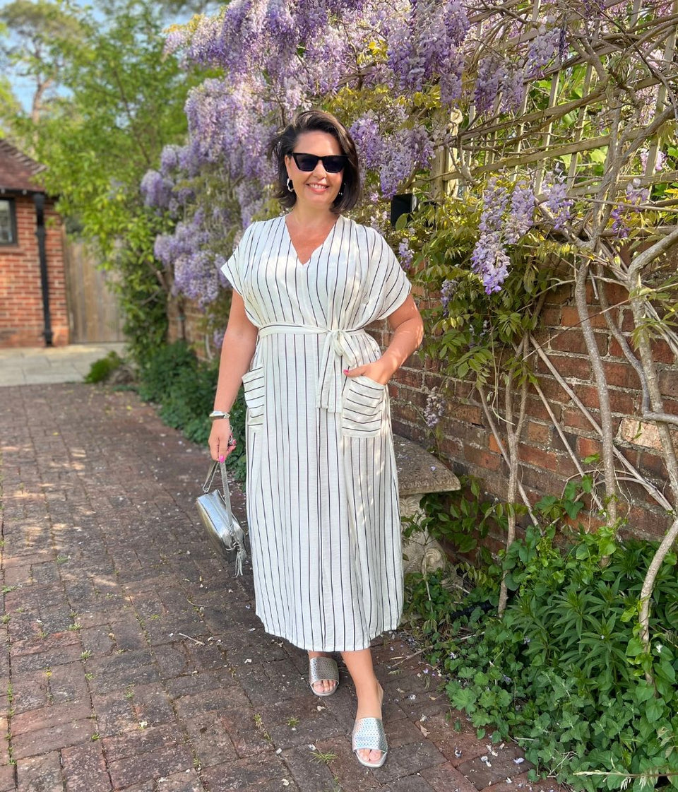 Ivory Striped Midi Summer Dress