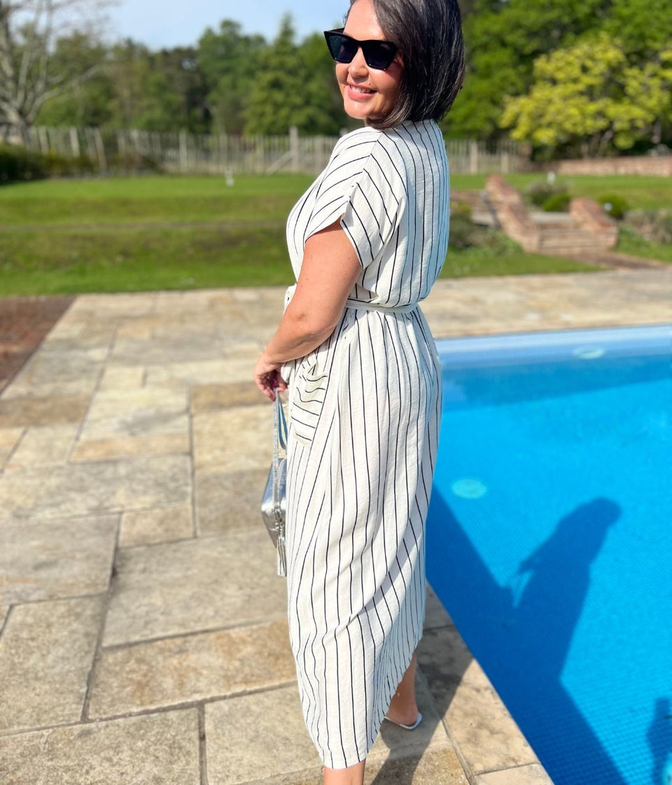 Ivory Striped Midi Summer Dress