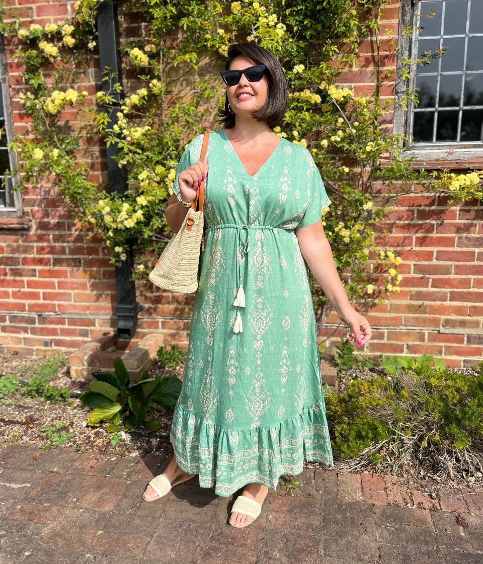 Sage Green Boho Print Midi Sundress