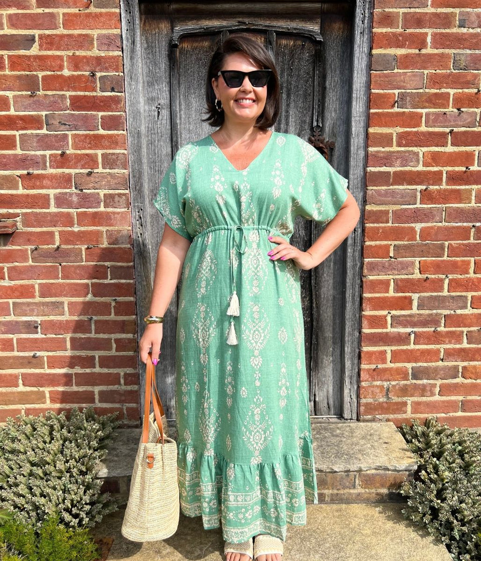 Sage Green Boho Print Midi Sundress