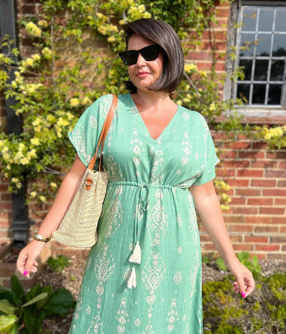 Sage Green Boho Print Midi Sundress