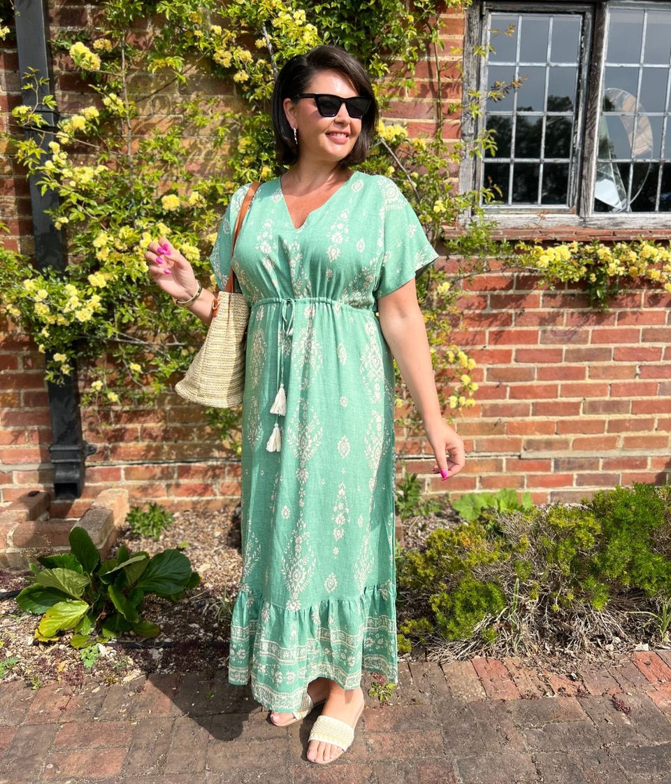 Sage Green Boho Print Midi Sundress