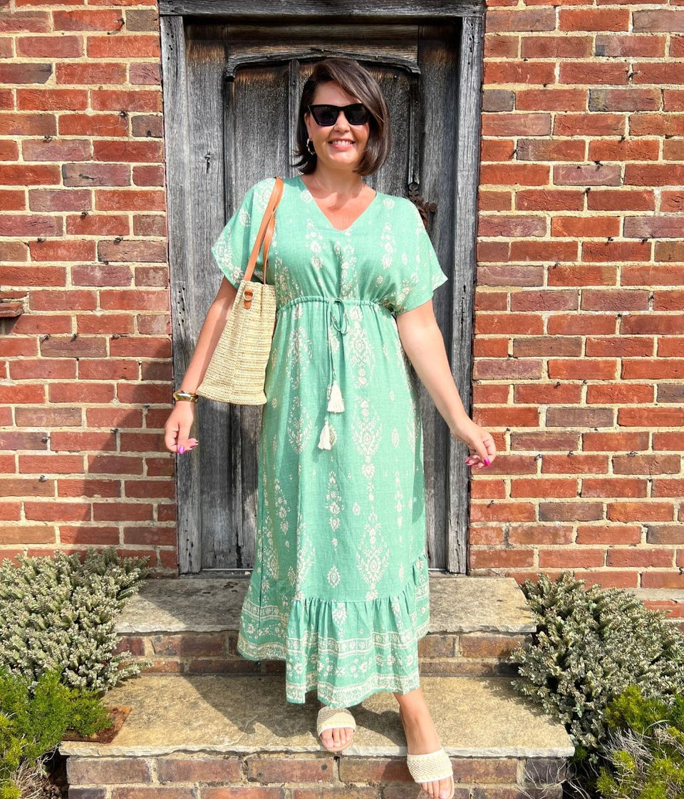 Sage Green Boho Print Midi Sundress