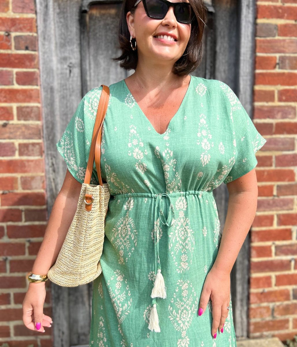 Sage Green Boho Print Midi Sundress