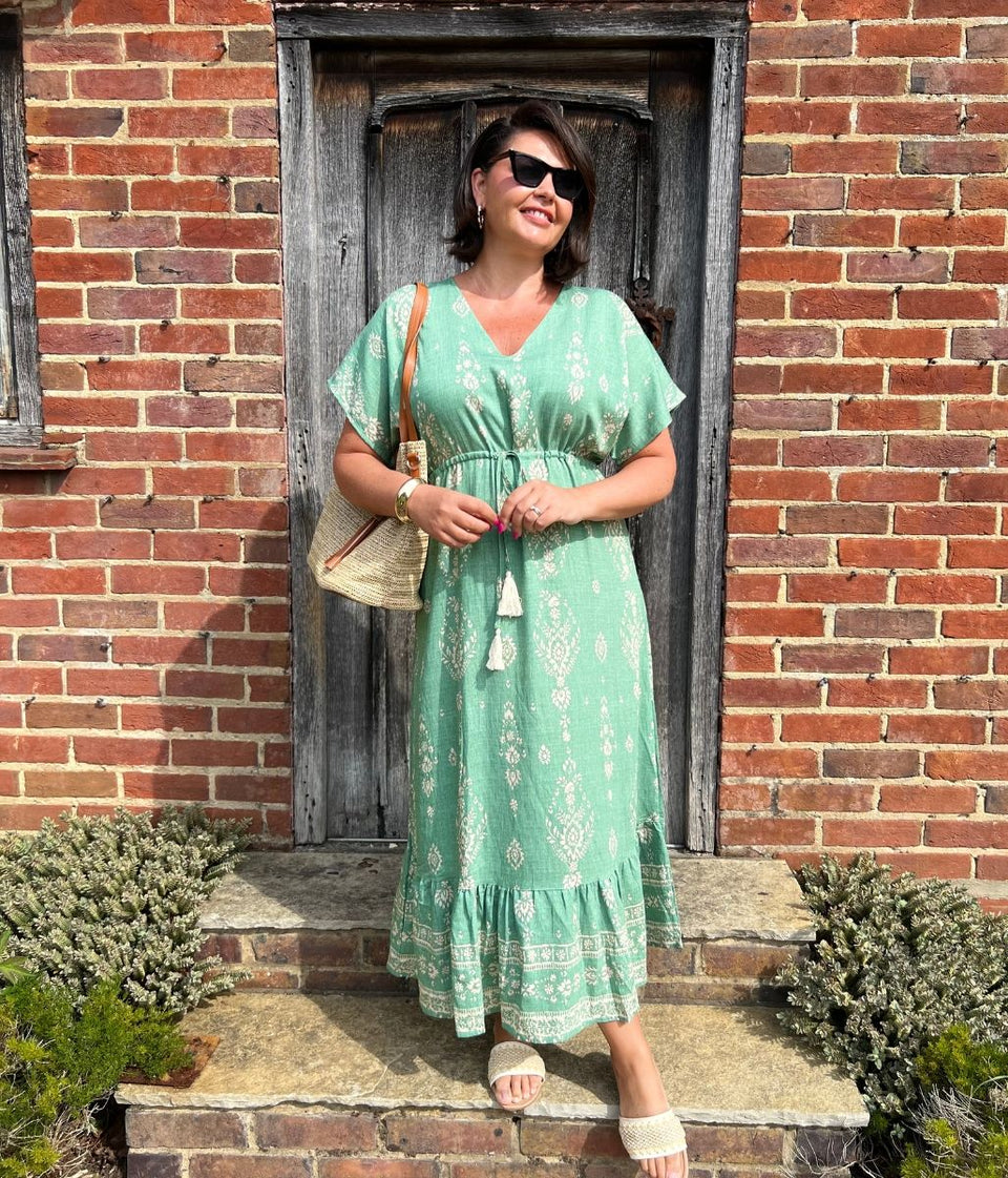Sage Green Boho Print Midi Sundress