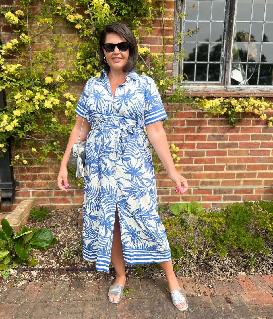 Blue Lorna Tropical Print Shirt Dress
