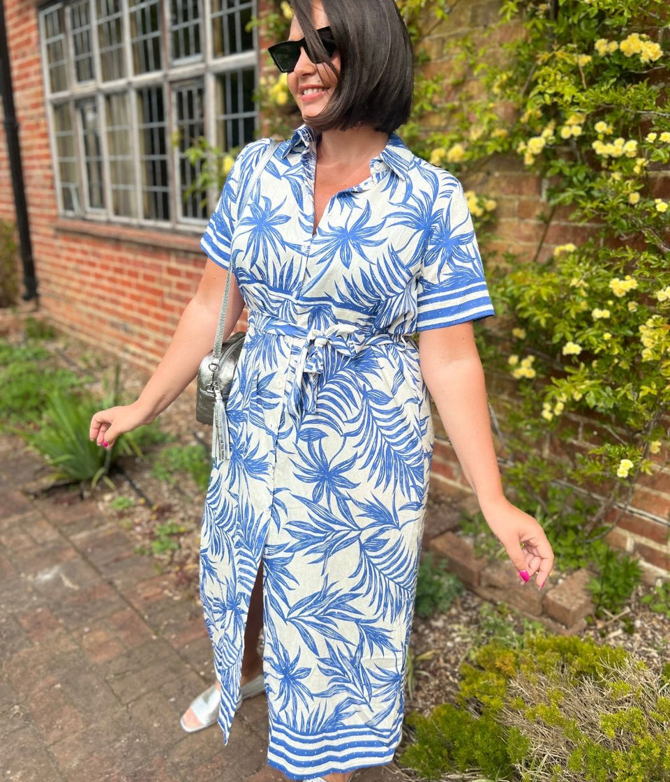 Blue Lorna Tropical Print Shirt Dress