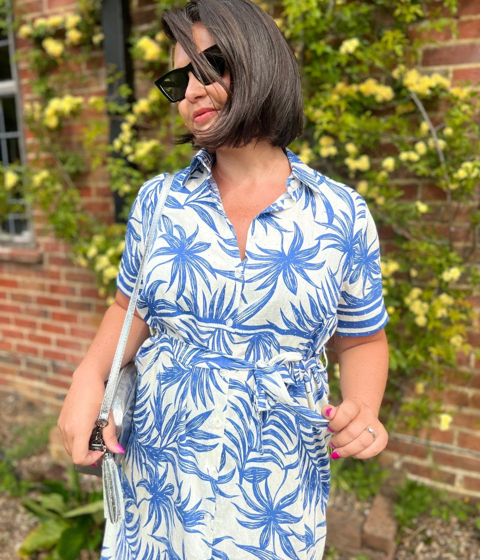 Blue Lorna Tropical Print Shirt Dress