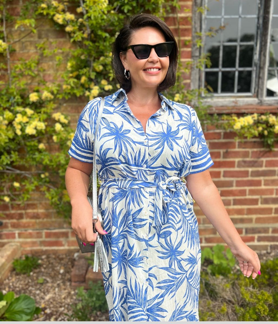 Blue Lorna Tropical Print Shirt Dress