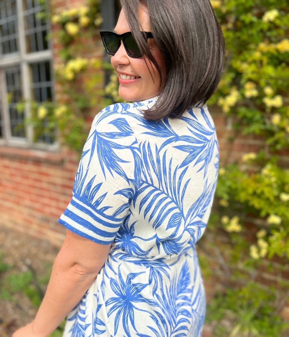 Blue Lorna Tropical Print Shirt Dress