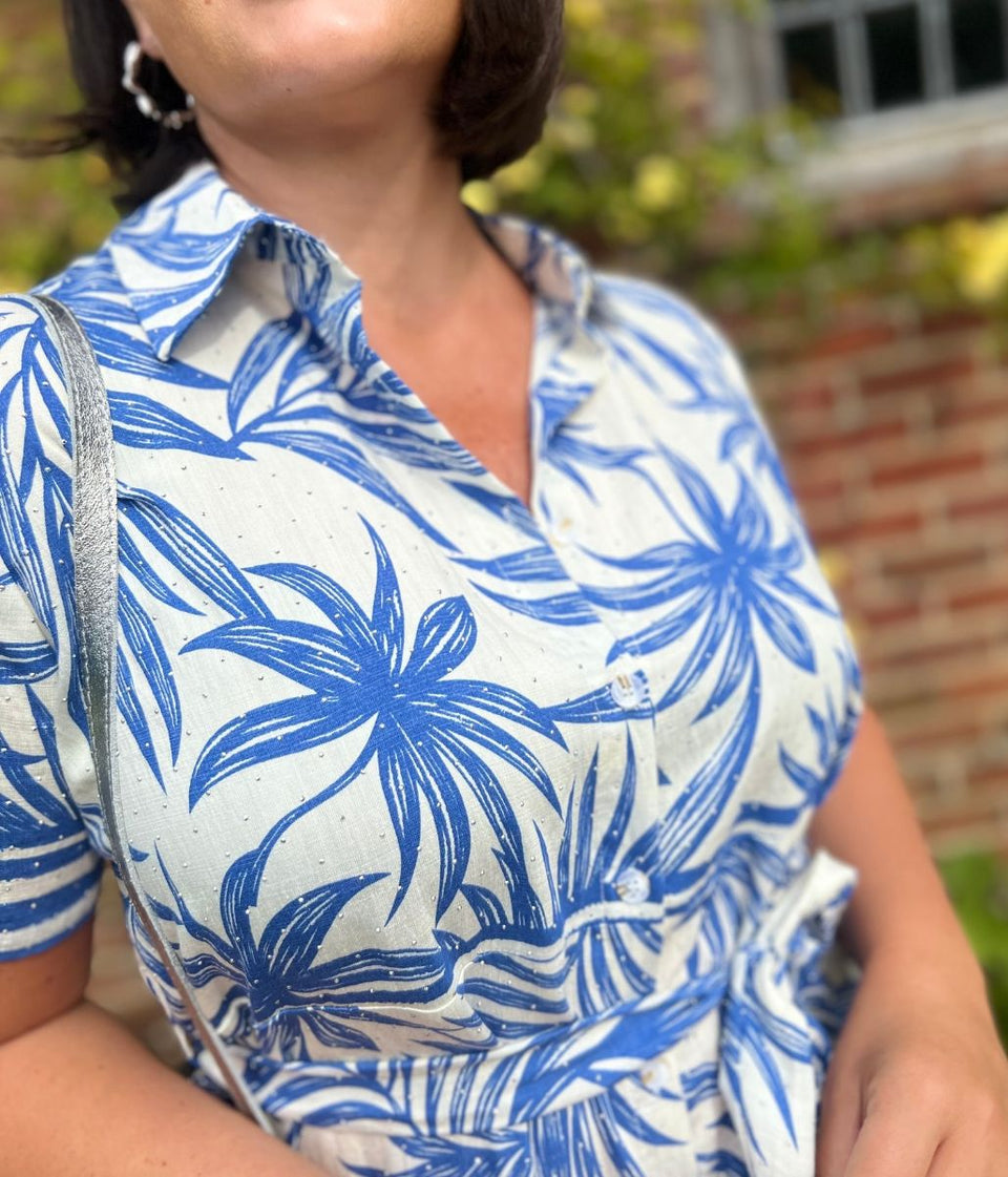 Blue Lorna Tropical Print Shirt Dress