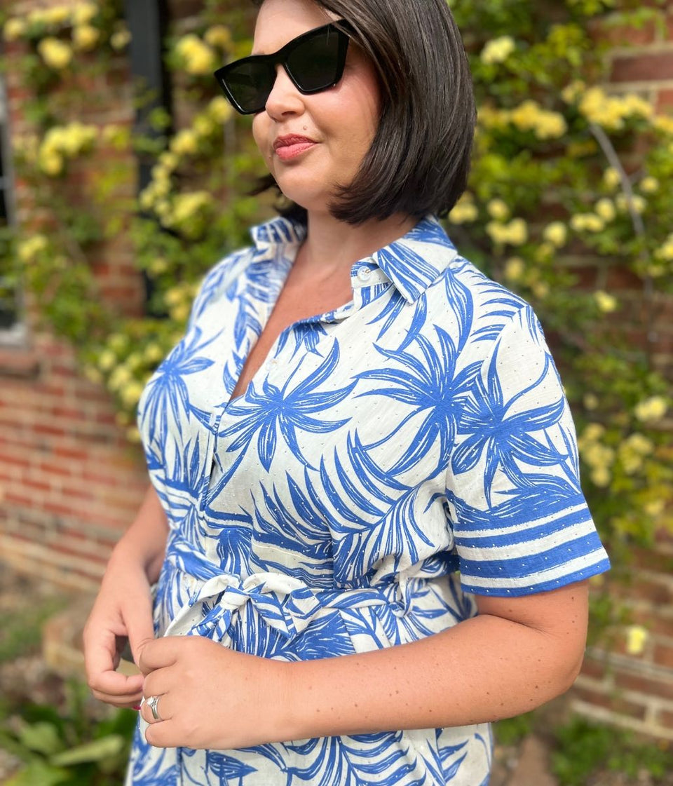 Blue Lorna Tropical Print Shirt Dress