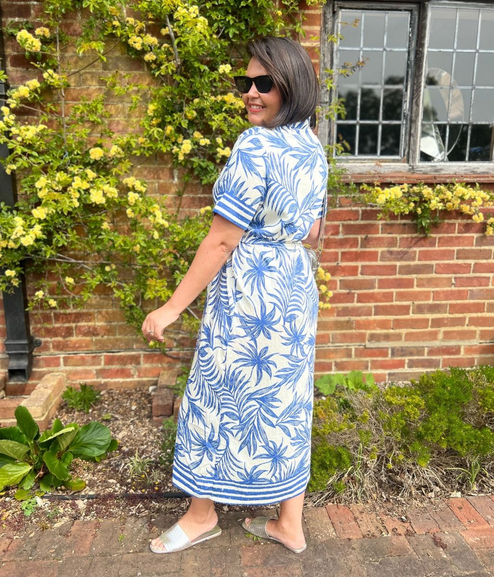 Blue Lorna Tropical Print Shirt Dress