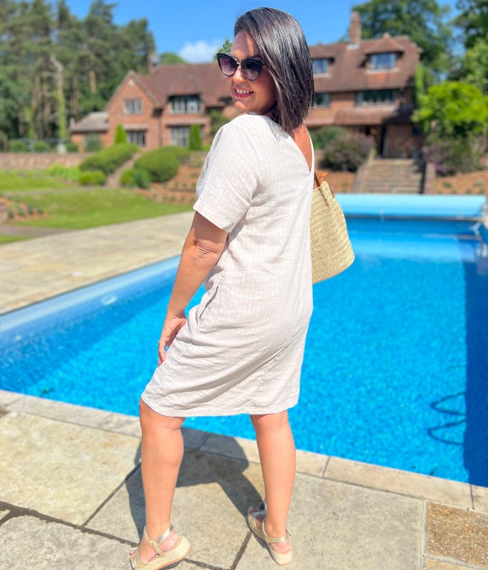 Natural Self Stripe Linen Blend Dress-Seconds