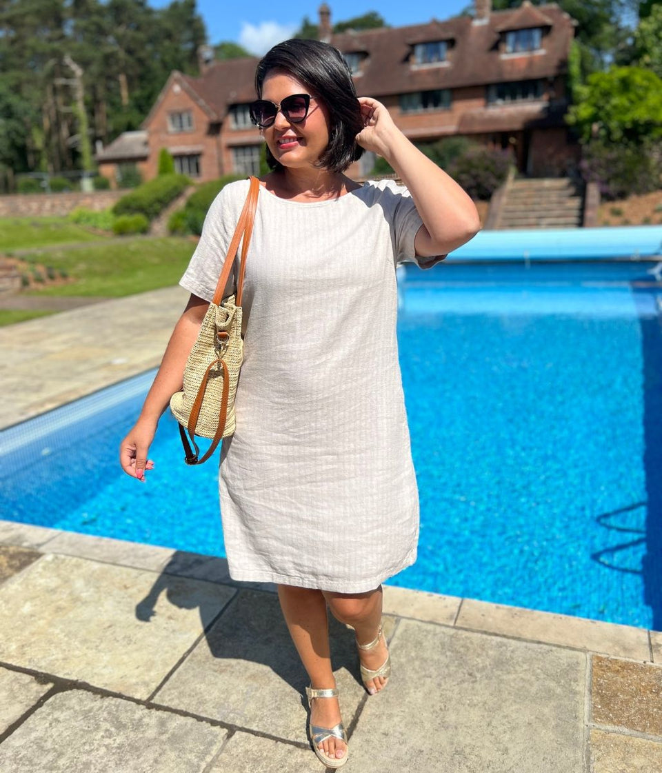Natural Self Stripe Linen Blend Dress-Seconds