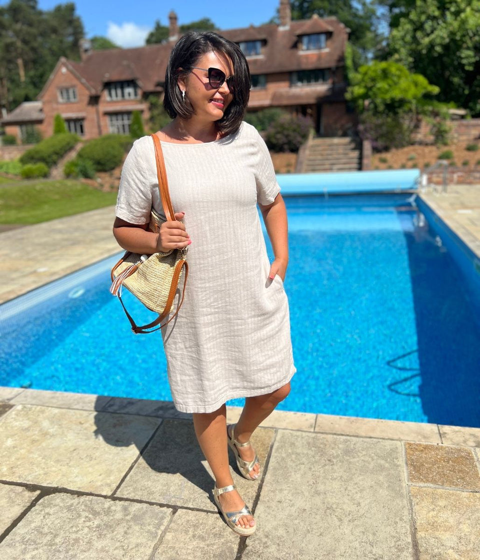 Natural Self Stripe Linen Blend Dress-Seconds