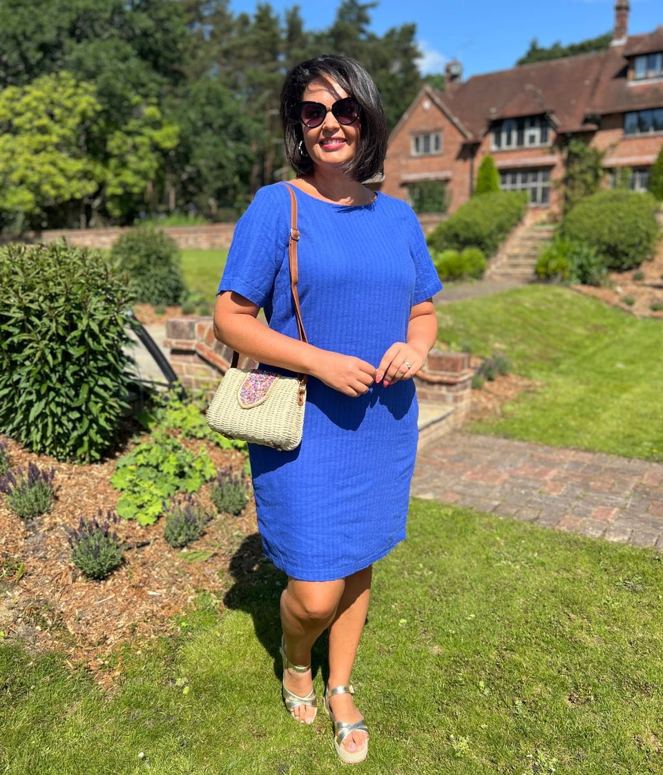 Blue Self Stripe Linen Blend Dress