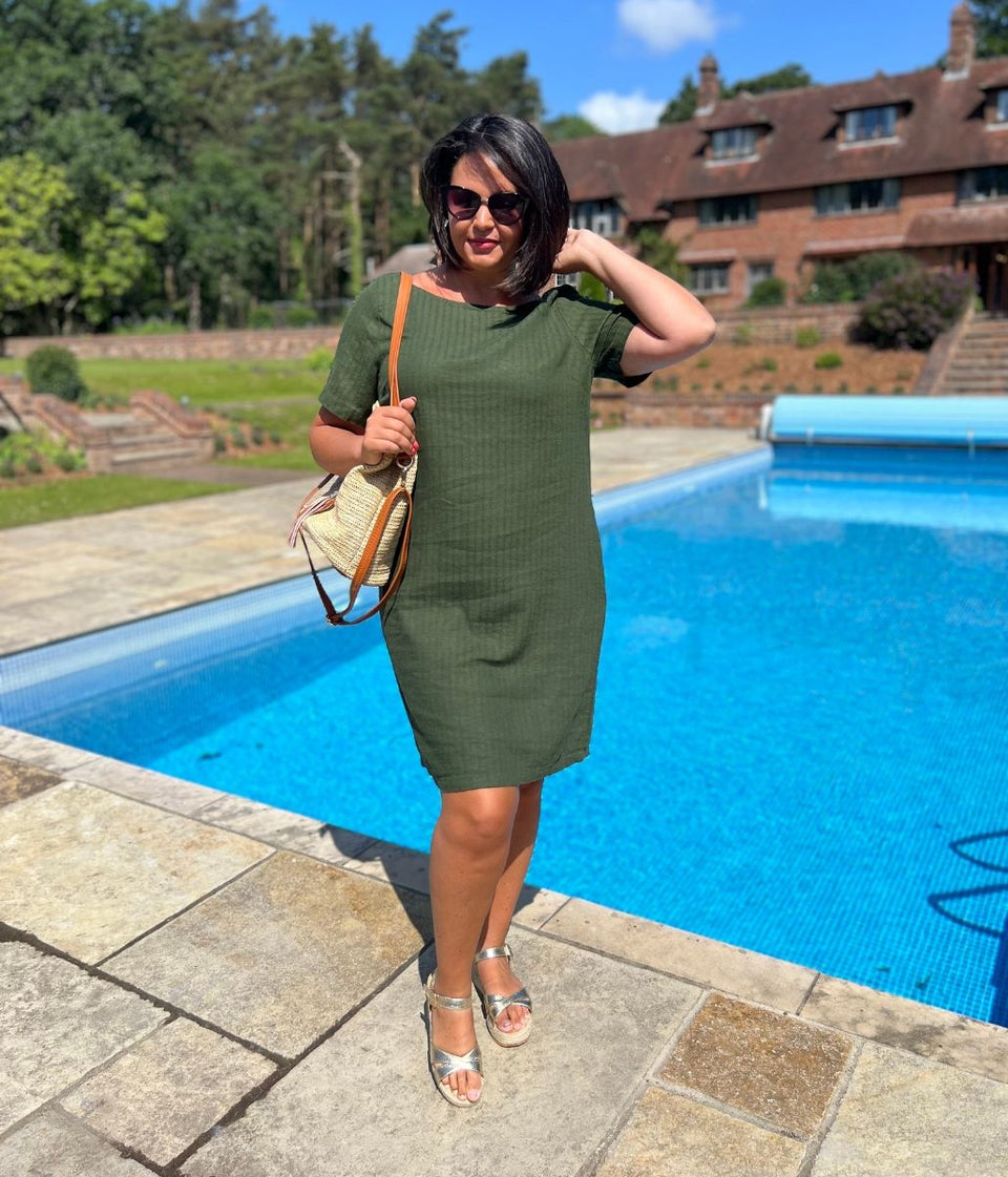 Khaki Self Stripe Linen Blend Dress-Seconds