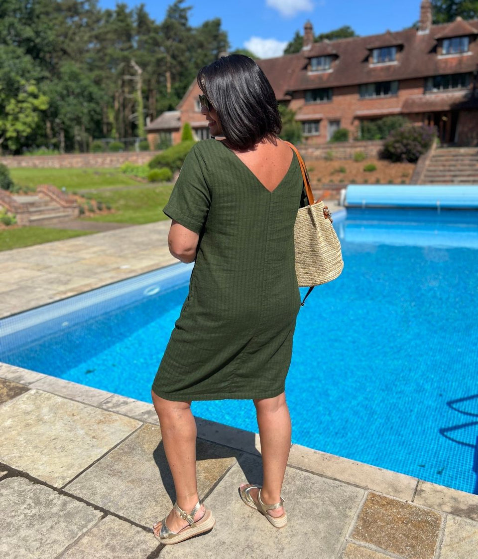 Khaki Self Stripe Linen Blend Dress-Seconds