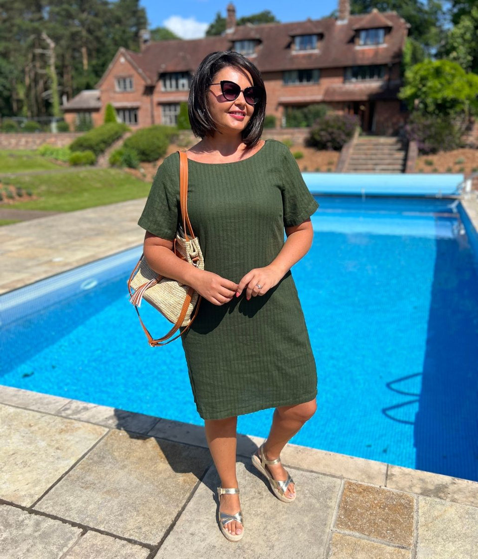 Khaki Self Stripe Linen Blend Dress-Seconds